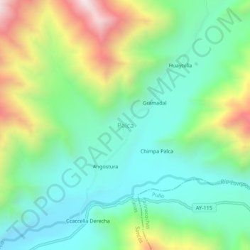 Topografische Karte Palca, Höhe, Relief