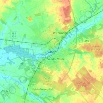 Topografische Karte Varde, Höhe, Relief