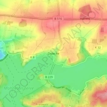 Topografische Karte Delecke, Höhe, Relief