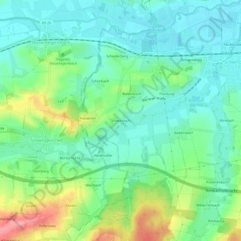 Topografische Karte Schwindach, Höhe, Relief