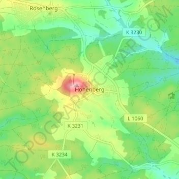 Topografische Karte Hohenberg, Höhe, Relief
