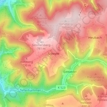 Topografische Karte Schnett, Höhe, Relief
