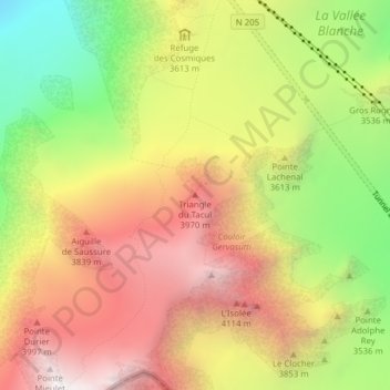 Topografische Karte Triangle du Tacul, Höhe, Relief