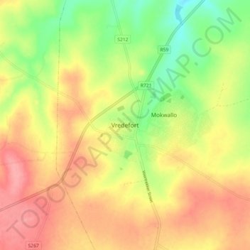 Topografische Karte Vredefort, Höhe, Relief