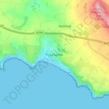 Topografische Karte Praa Sands, Höhe, Relief