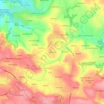Topografische Karte Kergaradec, Höhe, Relief