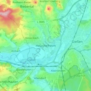 Topografische Karte Heuchelheim, Höhe, Relief