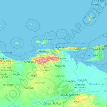 Topografische Karte Sucre, Höhe, Relief