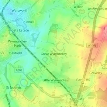 Topografische Karte Great Wymondley, Höhe, Relief
