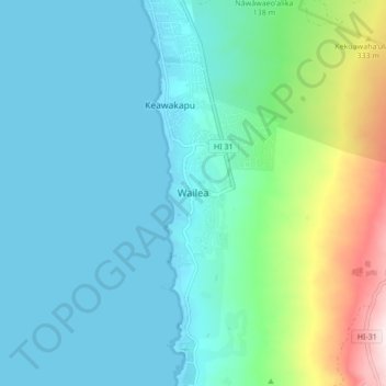 Topografische Karte Wailea, Höhe, Relief