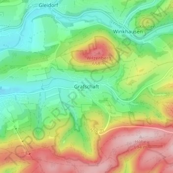 Topografische Karte Grafschaft, Höhe, Relief