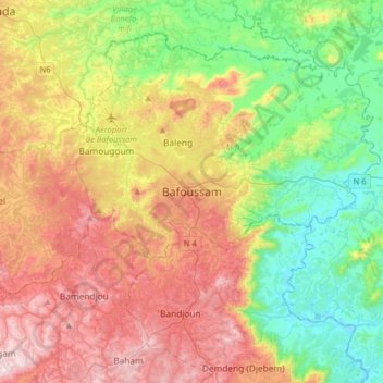 Topografische Karte Bafoussam, Höhe, Relief