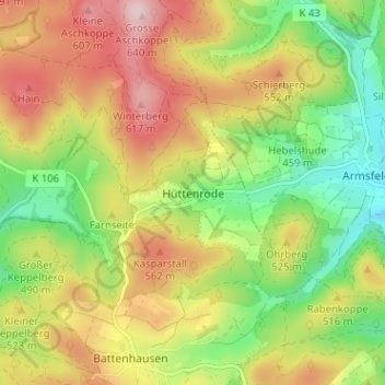 Topografische Karte Hüttenrode, Höhe, Relief