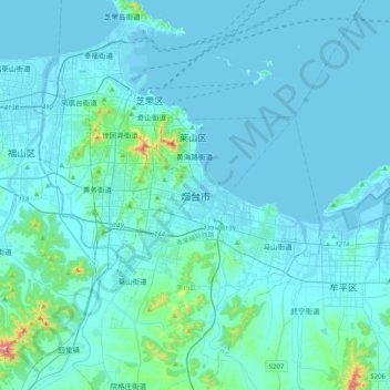 Topografische Karte 烟台市, Höhe, Relief