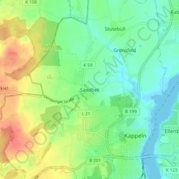 Topografische Karte Sandbek, Höhe, Relief