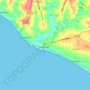 Topografische Karte Colachel, Höhe, Relief