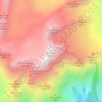 Topografische Karte Birnhorn, Höhe, Relief