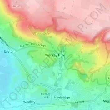 Topografische Karte Wookey Hole, Höhe, Relief