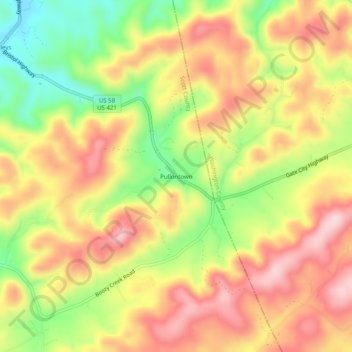 Topografische Karte Pullontown, Höhe, Relief