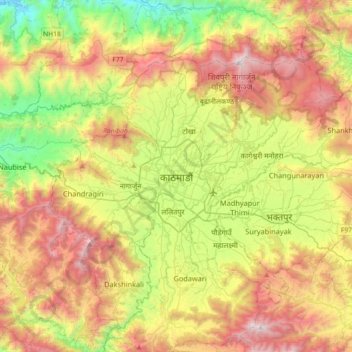 Topografische Karte Katmandou, Höhe, Relief