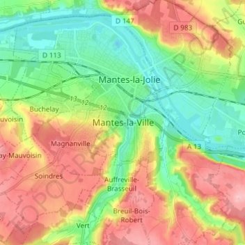 Topografische Karte Mantes-la-Ville, Höhe, Relief