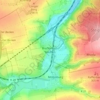 Topografische Karte Bischleben-Stedten, Höhe, Relief