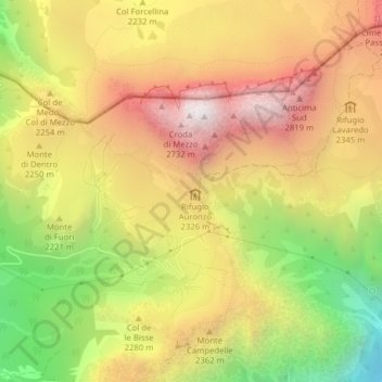 Topografische Karte Forcella Longeres, Höhe, Relief