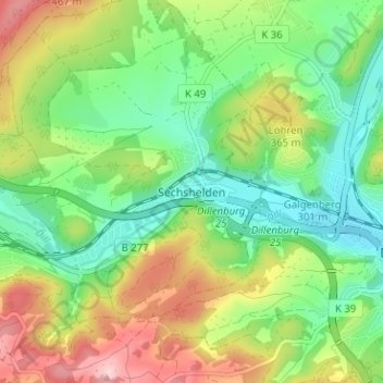 Topografische Karte Sechshelden, Höhe, Relief