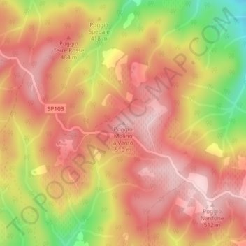 Topografische Karte Poggio Molino a Vento, Höhe, Relief