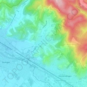 Topografische Karte Mundingen, Höhe, Relief