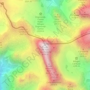 Topografische Karte Croda dei Toni, Höhe, Relief