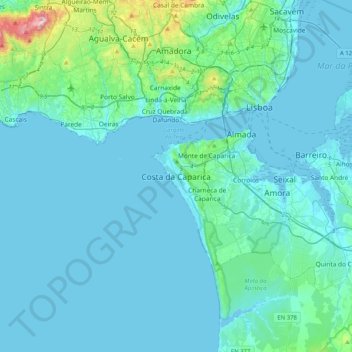 Topografische Karte Costa da Caparica, Höhe, Relief