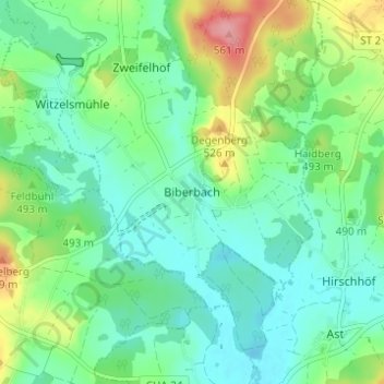 Topografische Karte Biberbach, Höhe, Relief