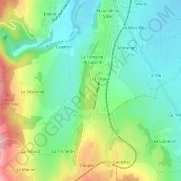 Topografische Karte Ricoux, Höhe, Relief