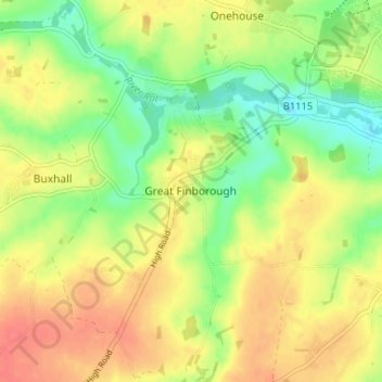 Topografische Karte Great Finborough, Höhe, Relief
