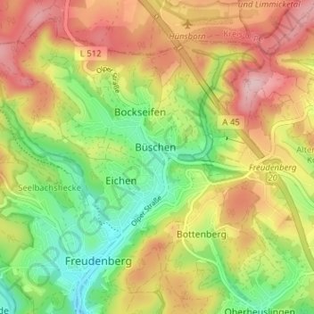 Topografische Karte Büschergrund, Höhe, Relief