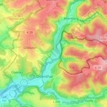 Topografische Karte Menrath, Höhe, Relief