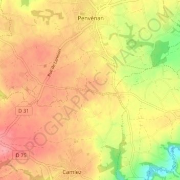 Topografische Karte Kerizout, Höhe, Relief
