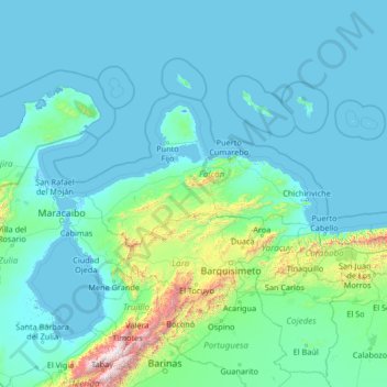 Topografische Karte Falcón, Höhe, Relief