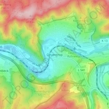 Topografische Karte Oeventrop, Höhe, Relief
