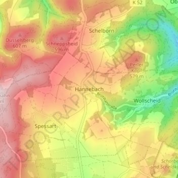 Topografische Karte Hannebach, Höhe, Relief