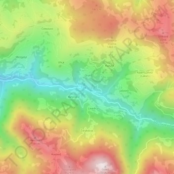 Topografische Karte Šekular, Höhe, Relief