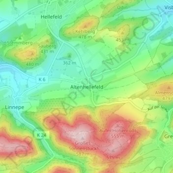 Topografische Karte Altenhellefeld, Höhe, Relief