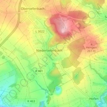 Topografische Karte Niedertiefenbach, Höhe, Relief