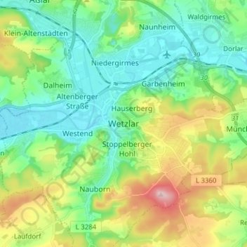 Topografische Karte Wetzlar, Höhe, Relief