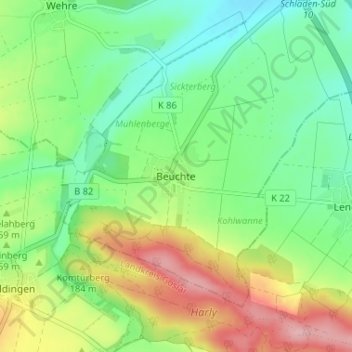 Topografische Karte Beuchte, Höhe, Relief