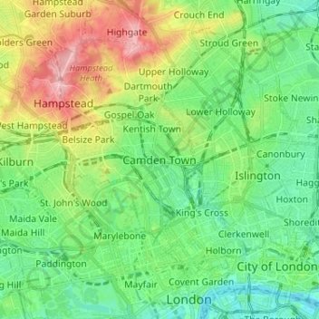 Topografische Karte Camden Town, Höhe, Relief