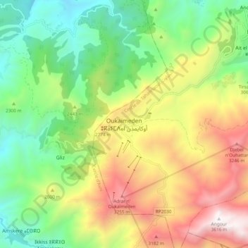 Topografische Karte Oukaïmeden ⵓⴽⴰⵢⵎⴷⴰⵏ أوكايمدن, Höhe, Relief