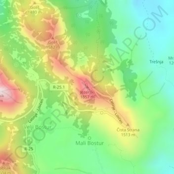 Topografische Karte Jezerski, Höhe, Relief