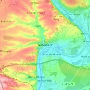 Topografische Karte Dettelbach, Höhe, Relief
